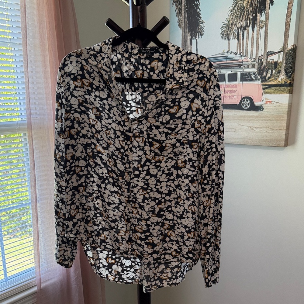 Velvet Heart Black Floral Button-Front Blouse with Cream & Tan Accents